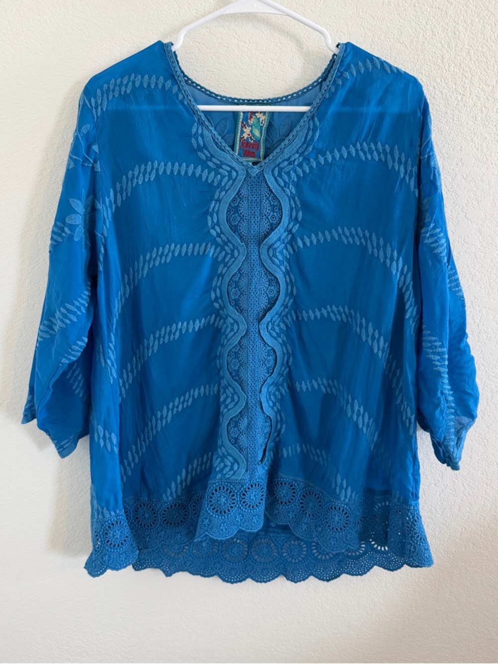 Johnny Was Blue Flowered V Neck Miliana Georgette 3/4 Sleeve size small Tunic